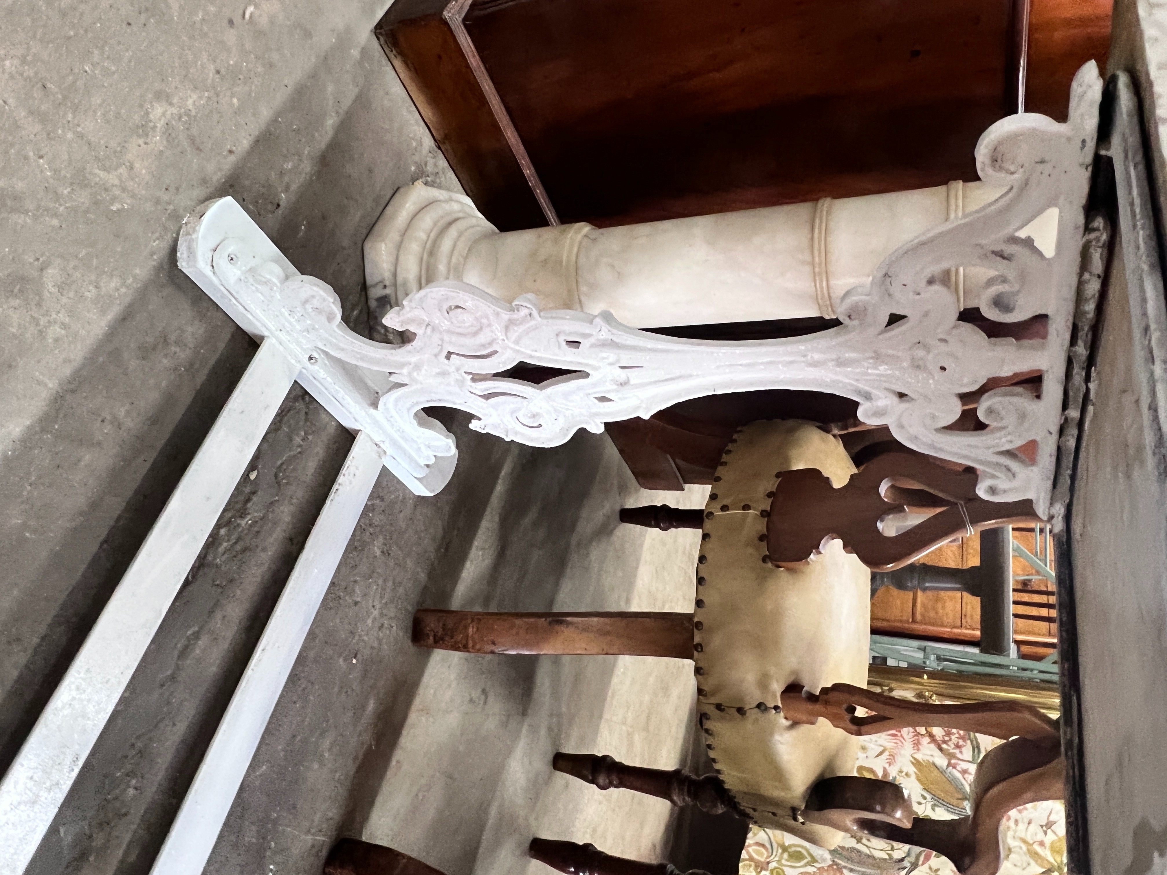 A Victorian painted cast iron garden table with rectangular marble top, length 97cm, depth 50cm, height 74cm